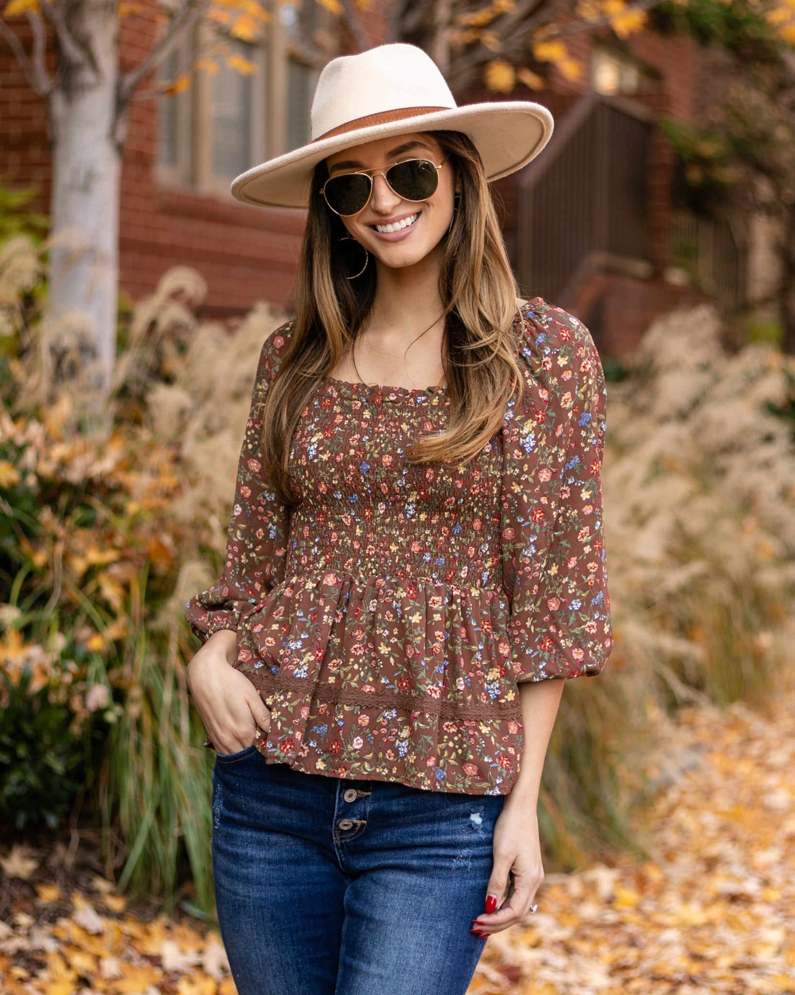 Carmen Smocked Ditsy Floral Top - Mocha - Eleven Oaks Boutique