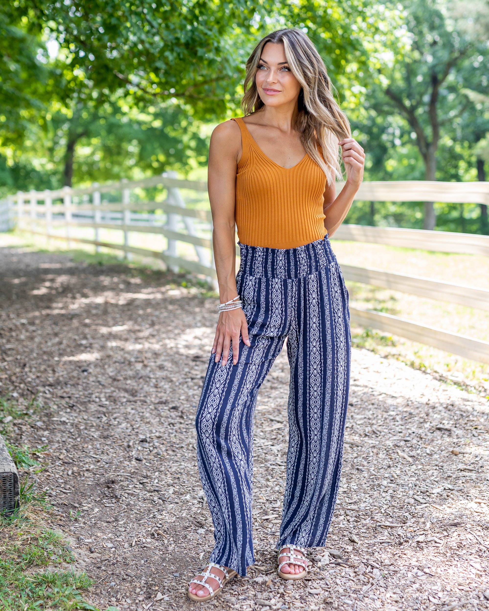 Andi Smocked Multi Print Pants - Navy - Eleven Oaks Boutique