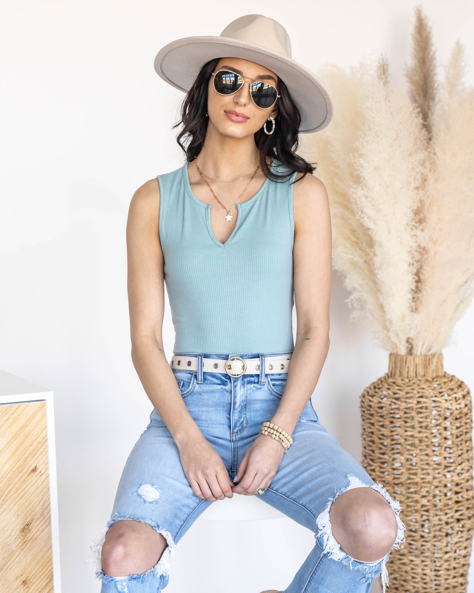 Mabry Ribbed V-Neck Bodysuit - Sage - Eleven Oaks Boutique