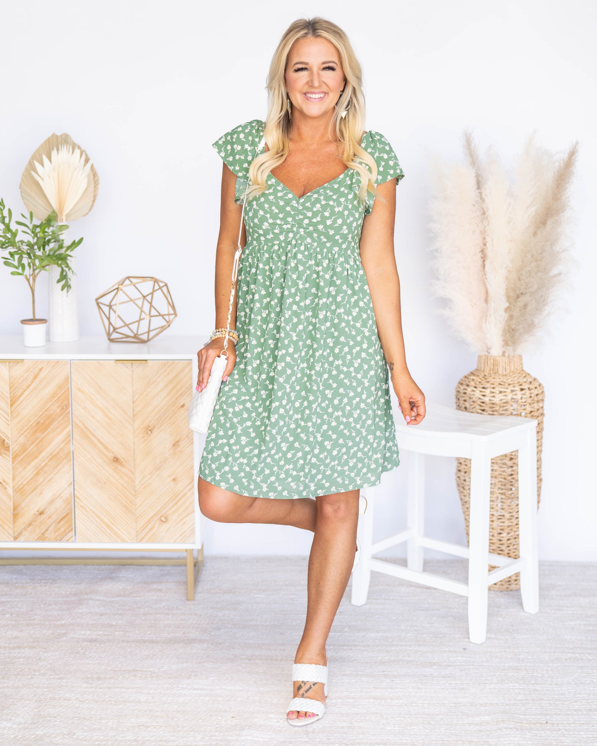 Kimberly Ditsy Floral Smocked Dress - Meadow Green - Eleven Oaks Boutique