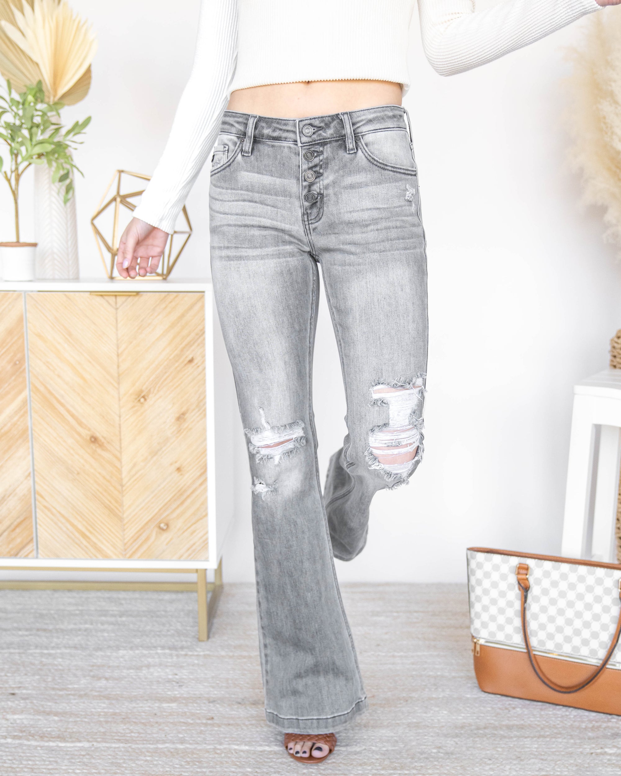 Super High Waisted Distressed Flare Jeans with Cut Outs