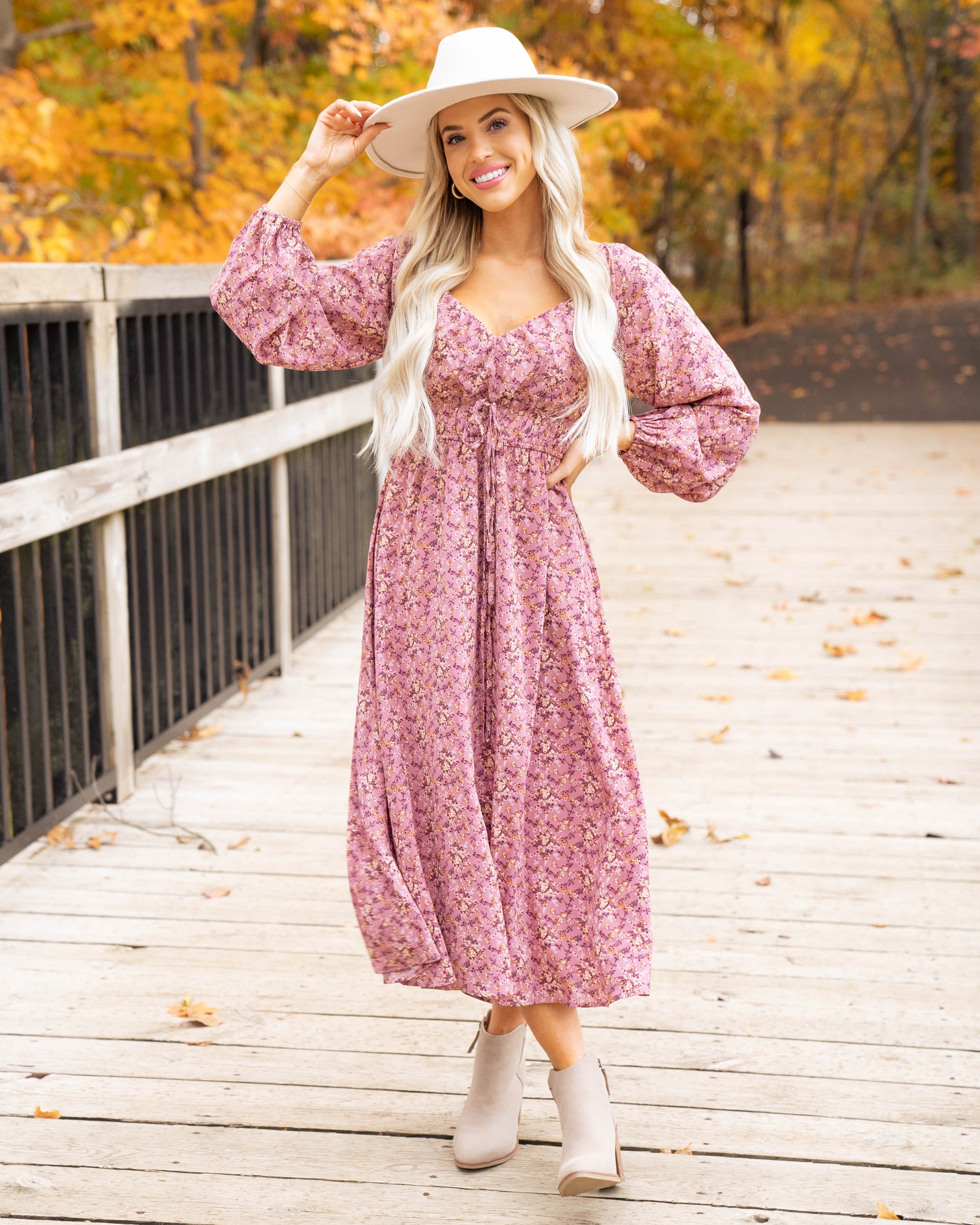 Autumn Outings Floral Dress - Mauve - Eleven Oaks Boutique