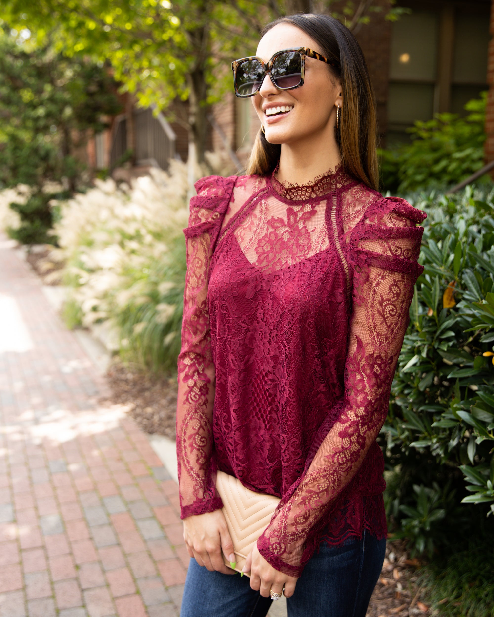 Joan Mock Neck Lace Top - Wine - Eleven Oaks Boutique