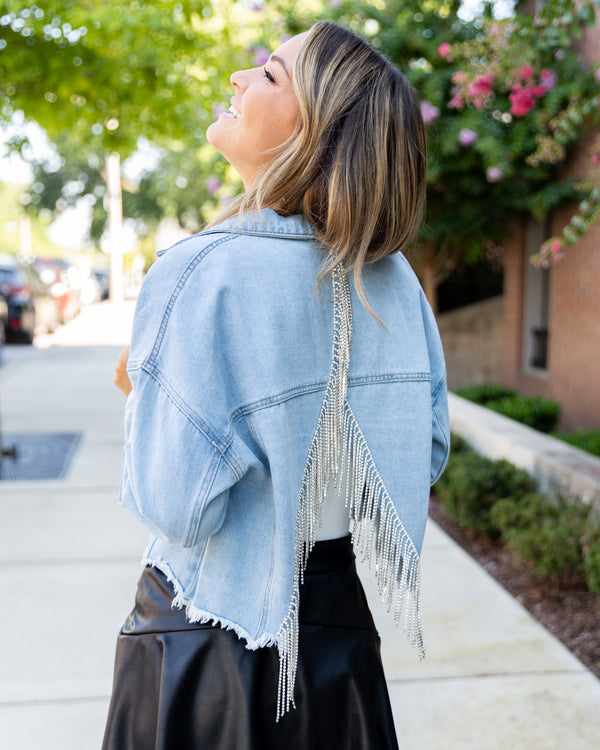 Shawn Cropped Studded Denim Jacket - Medium Wash - Eleven