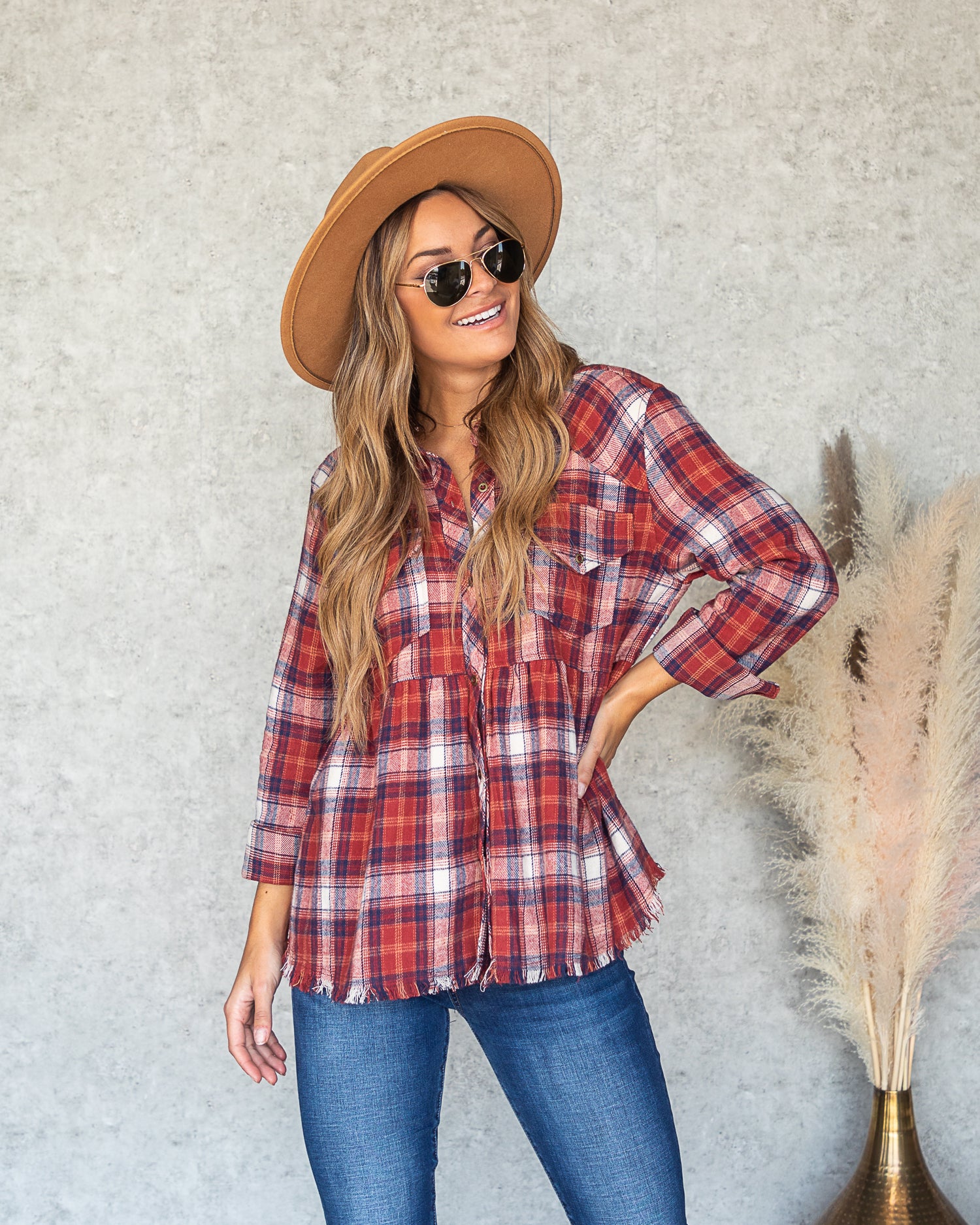 Entro Callie Plaid Button Down Peplum Top Marsala Tops Large