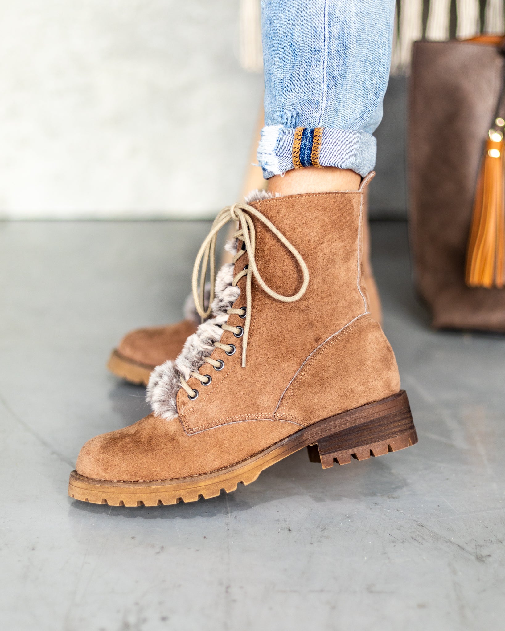 Lace up faux fur on sale boots