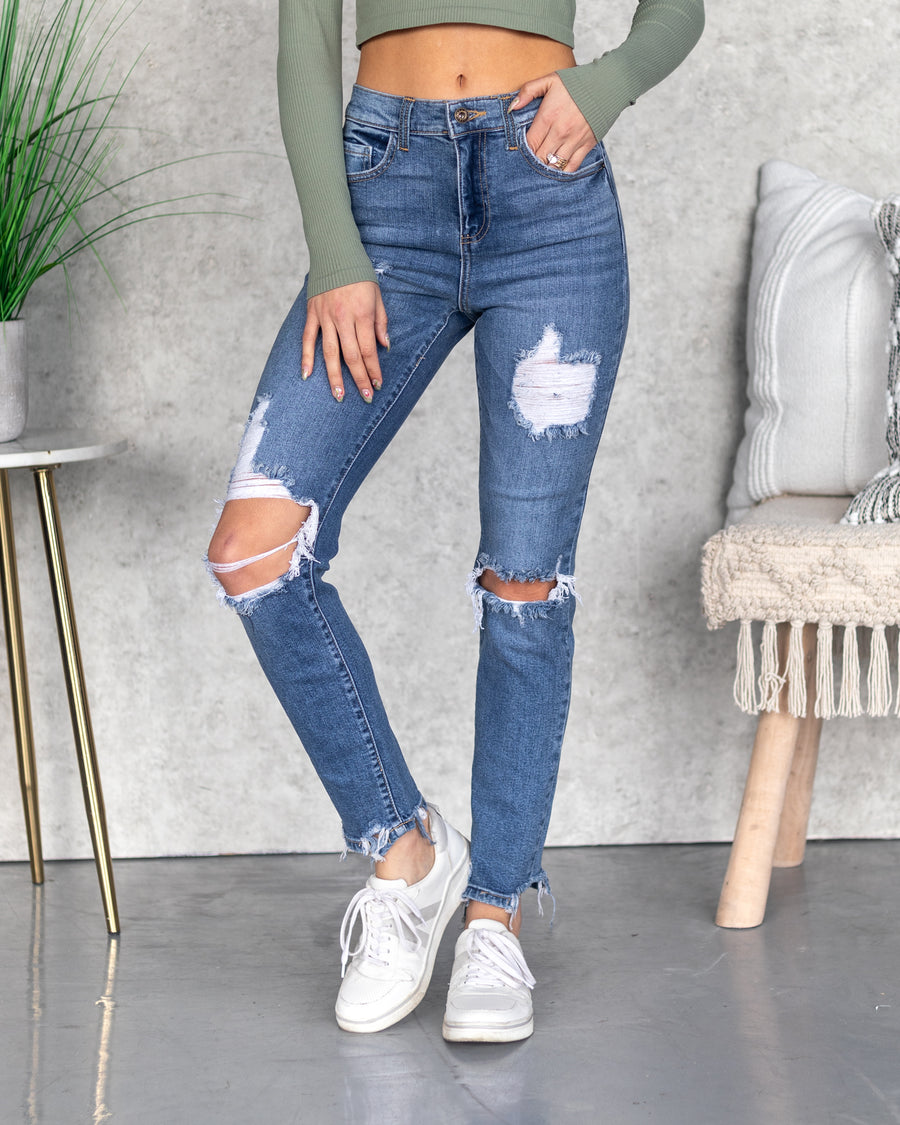 Katya High Rise Distressed Button Fly Jeans - Dark Wash - Eleven Oaks  Boutique